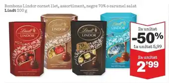 Sorli Bombons lindor cornet ilet, assortiment, negre 70% caramel salat LINDT 900 g oferta