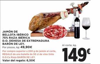 Hipercor Jamón de bellota ibérico 75% raza ibérica d.o.dehesa de extremadura barón de ley oferta