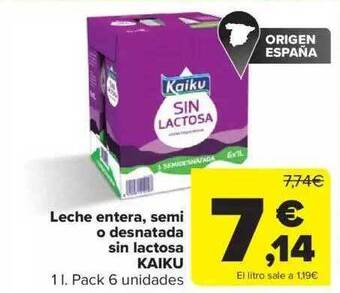 Carrefour Leche entera, semi o desnatada sin lactosa kaiku oferta