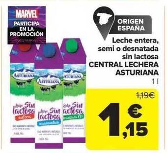 Carrefour Leche entera, semi o desnatada sin lactosa central lechera asturiana oferta