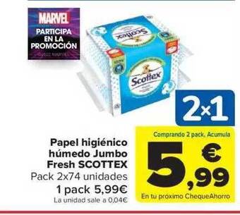 Carrefour Papel higiénico húmedo jumbo fresh scottex oferta