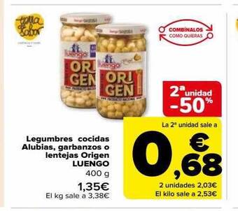 Carrefour 2a unidad -50% legumbres cocidas alubias, garbanzos o lentejas origen luengo oferta