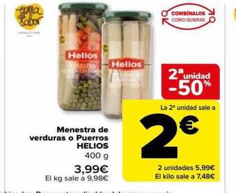 Carrefour 2a unidad -50% menestra de verduras o puerros helios oferta