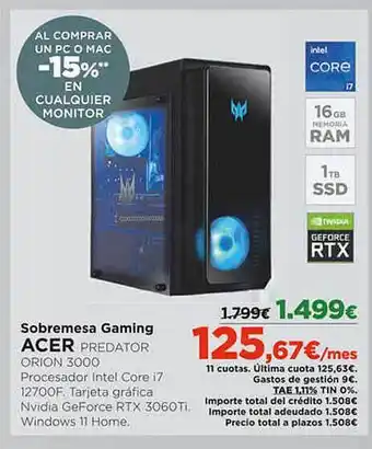 Viajes El Corte Inglés Intel core i7 sobremesa gaming acer oferta