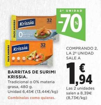 Hipercor 2a unidad -70% barritas de surimi krissia oferta