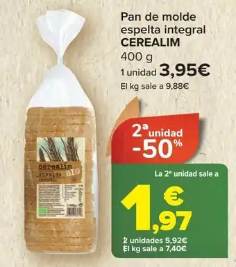 Carrefour Pan de molde espelta integral cerealim 400 g oferta