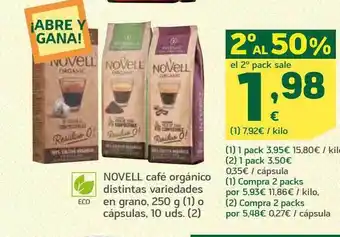 HiperDino 2° al 50% novell café orgánico distintas variedades en grano o cápsulas oferta