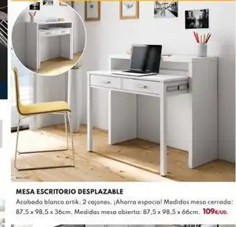 BricoCentro Mesa escritorio desplazable acabado blanco artik. 2 cajones. ¡ahorra espacio! medidas mesa cerrada: 87.5 x 98,5 x 36cm. med oferta