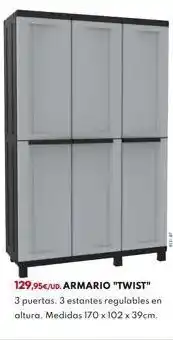 BricoCentro 129,95€/ud. armario "twist" 3 puertas. 3 estantes regulables en altura. medidas 170 x 102 x 39 cm. oferta