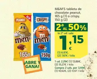 HiperDino 2a al 50% m&m's tableta de chocolate peanut o crispy oferta
