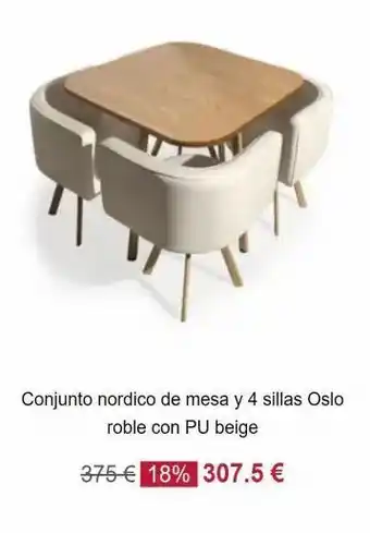 Muebles Menzzo Conjunto nordico de mesa y 4 sillas oslo roble con pu beige 375€ 18% 307.5 € oferta