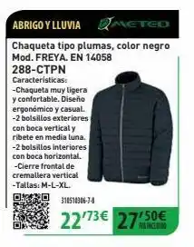Abrigo y lluvia neted chaqueta tipo plumas, color negro mod. freya. en 14058 288-ctpn características: -chaqueta muy ligera