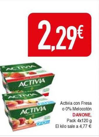 Masymas Activia con fresa o 0% melocotón danone pack 4 oferta