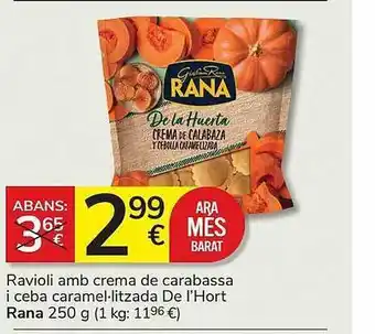 Consum Ravioli amb crema de carabassa i ceba caramel-litzada de l'hort rana oferta