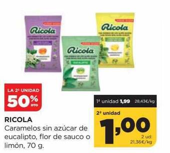 Alimerka La 2a unidad 50% dto ricola caramelos sin azúcar de eucalipto flor de sauco o limón oferta
