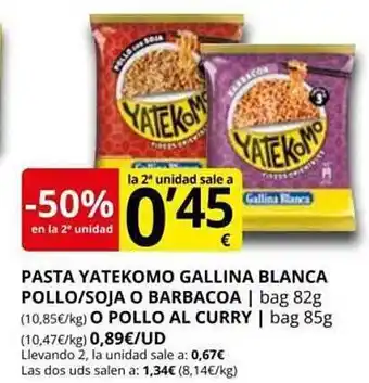 Supermercados MAS -50% en la 2a unidad pasta yatekomo gallina blanca pollo soja o barbacoa o pollo al curry oferta