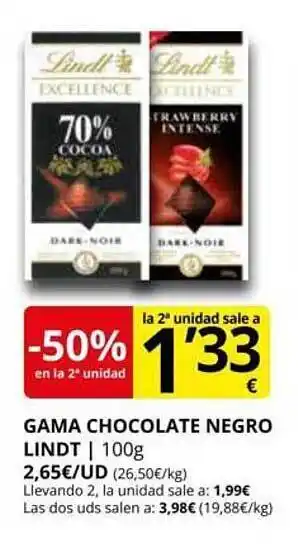 Supermercados MAS -50% en la 2a unidad gama chocolate negro lindt oferta