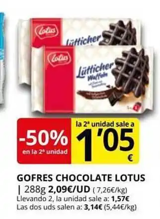 Supermercados MAS -50% en la 2a unidad gofres chocolate lotus oferta