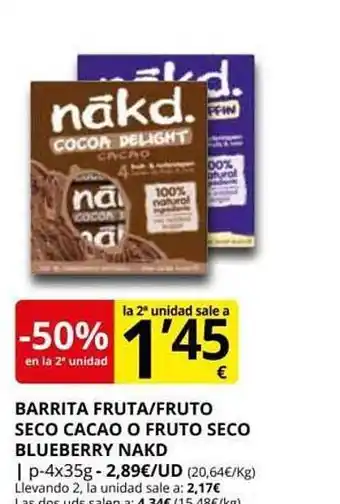 Supermercados MAS -50% en la 2a unidad barrita fruta fruto seco cacao o fruto seco blueberry nakd oferta