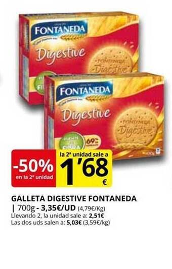 Supermercados MAS -50% en la 2a unidad galleta digestive fontaneda oferta