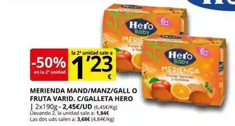 Supermercados MAS -50% en la 2a unidad merienda mand manz gall o fruta varid. c galleta hero oferta
