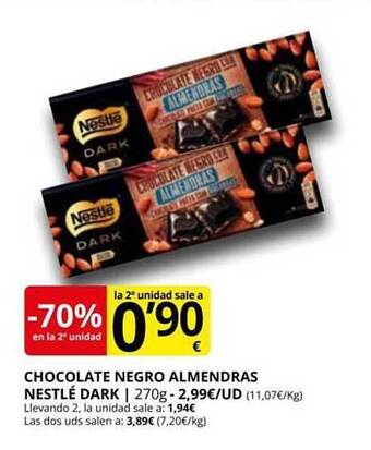 Supermercados MAS -70% en la 2a unidad chocolate negro almendras nestlé dark oferta