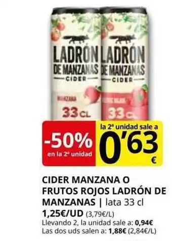 Supermercados MAS -50% en la 2a unidad cider o frutso rojos ladrón de manzanas oferta