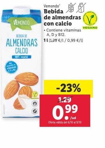 Lidl Vemondo bebida de almendras con calcio oferta