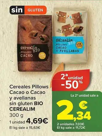 Carrefour 2a unidad -50% cereales pillows cacao o cacao y avellanas sin gluten bio cerealim oferta