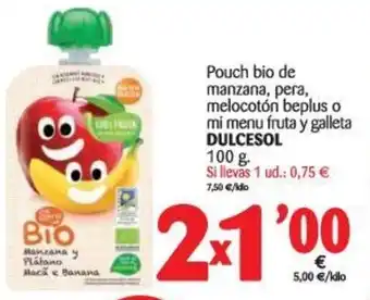 Alimerka Dulcesol Pouch bio de manzana, pera, melocotón beplus o mi menu fruta y galleta 100g oferta