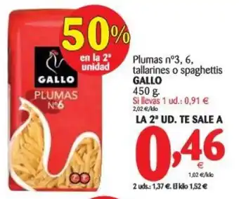 Alimerka Gallo Plumas n3, 6, tallarines o spaghettis 450g oferta