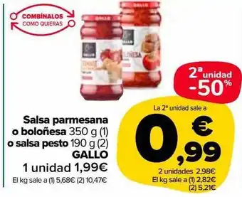 Carrefour Market 2a unidad -50% salsa permasan o boloñesa o salsa pesto gallo oferta