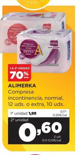 Alimerka La 2a unidad 70% dto alimerka compresa incontinencia normal o extra oferta