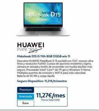 Movistar Huawei matebook d15 i5 11th 8gb 512gb win 11 oferta