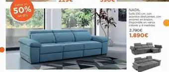 Hipermueble Hasta un 50% de dto. nadil sofá 230 cm. con asientos deslizantes, con arcones en brazos. disponible en varios colores y oferta