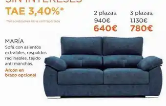 María sofá con asientos extraibles, respaldos reclinables, tejido anti manchas. arcón en brazo opcional 2 plazas. 940€ 