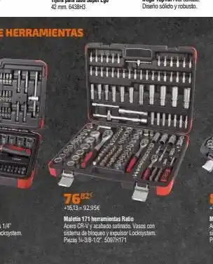Cadena88 500.00 000000- 7682€ +16,13=92,95€ maletin 171 herramientas ratio acero cr-v y acabado satinado. vasos con sistema de blo oferta