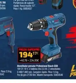 Cadena88 Precio superpro 19417€ +40,78=234,95€ atornillador percutor professional bosch gsb 18v-21 18 v. 2 baterias litio 2,0 ah. 2 oferta