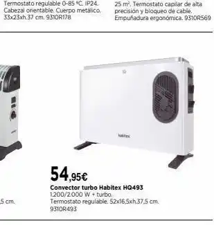Cadena88 54,95€ convector turbo habitex hq493 1200/2000 w + turbo. termostato regulable. 52x16,5xh.37,5 cm. 9310r493 oferta