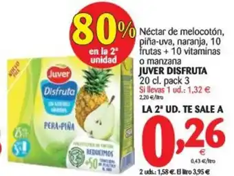 Alimerka Juver Disfruta Néctar de melocotón, piña-uva, naranja, 10 frutas + 10 vitaminas o manzanas 20cl oferta