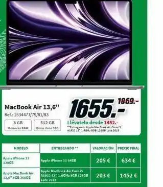 MediaMarkt 8 gb memoria ram macbook air 13,6" ref.: 1534477/79/81/83 modelo apple iphone 13 128gb co 512 gb disco duro 550 entreg oferta