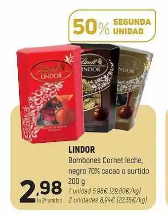 Coviran Lindor bombones cornet leche negro 70% cacao o surtido oferta