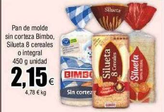 FROIZ Pan de molde sin corteza bimbo silueta 8 cereales o integral oferta