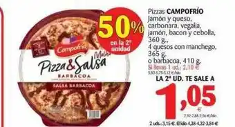 Alimerka Pizzas Campofrío Jamón Y Queso Carbonara Vegalia Jamón Bacon Y Cebolla 4 Queso Co Machego 360g/365g/410g oferta