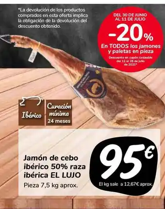 Carrefour Market Jamón De Cebo Ibérico 50% Raza Ibérica El Lujo 7,5kg. aprox. oferta