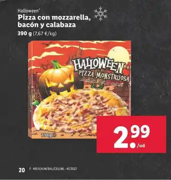 Lidl Halloween pizza con mozarella, bacón y calabaza oferta