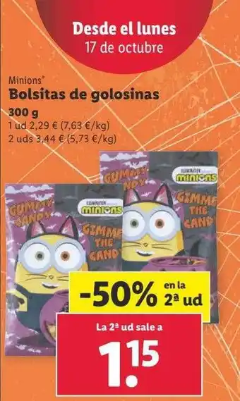 Lidl -50% en la 2a ud minions bolsitas de golosinas oferta