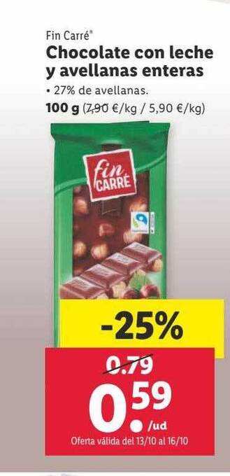 Lidl Fin carré chocolate con leche y avellanas enteras oferta