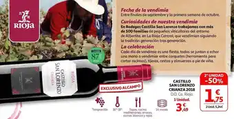 Alcampo 2a unidad -50% castillo san lorenzo crianza 2018 d.o.ca. rioja oferta