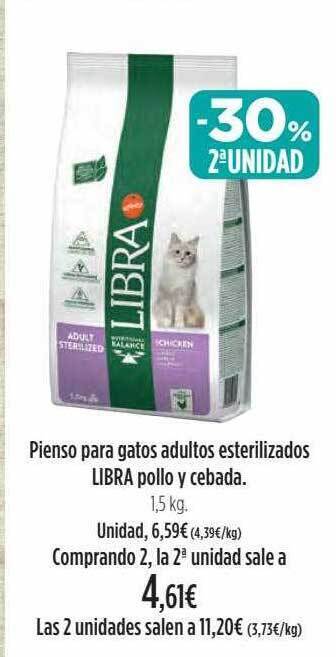 El Corte Inglés -30% 2a unidad pienso para gatos adultos esterilizados libra pollo y cebada oferta